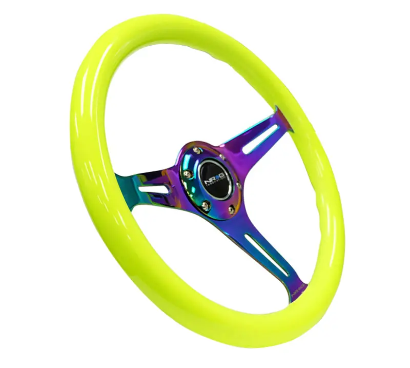 Nrg Classic Wood Grain Steering Wheel (350Mm) Neon Yellow Color W/Neochrome Spokes 1