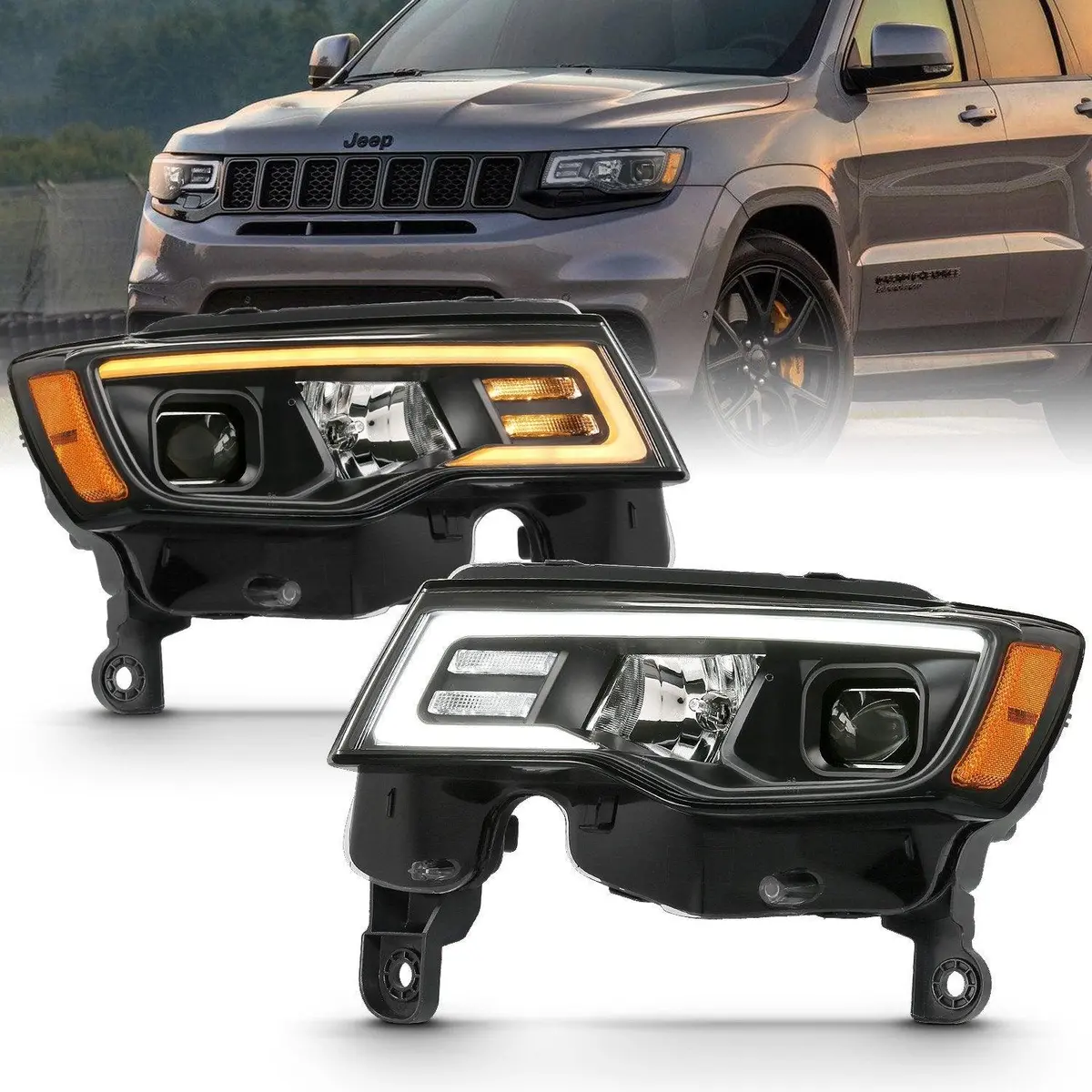 Anzo Projector Headlights Jeep Grand Cherokee 2017-2022 [Led Light Bar W/ Switchback Signal Light] Black Or Chrome Housing 1