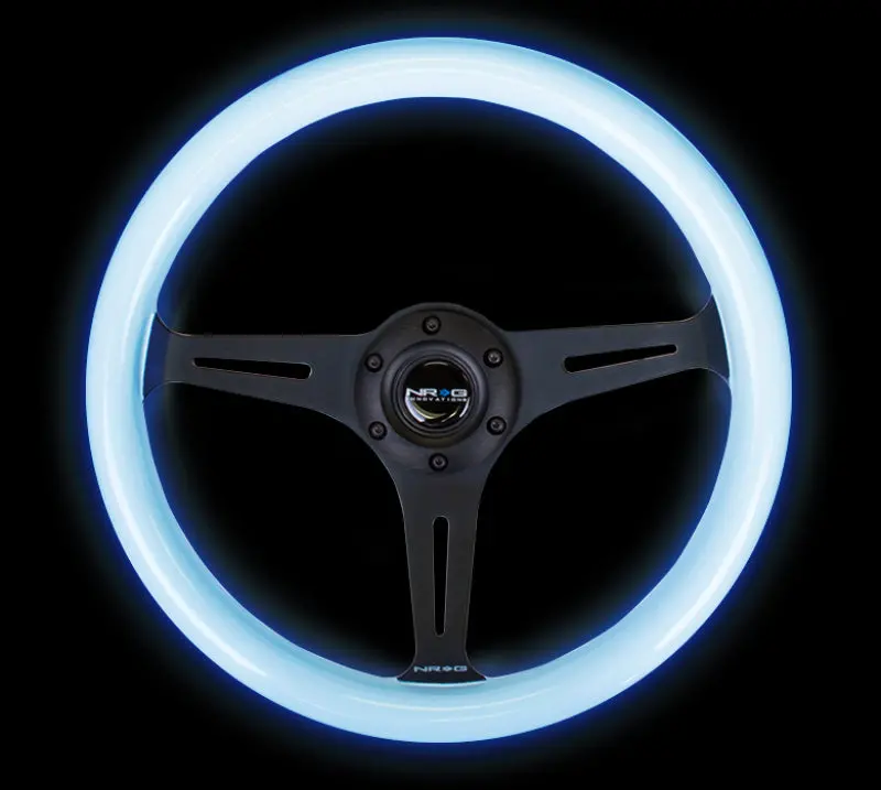 Nrg Classic Wood Grain Steering Wheel (350Mm) Glow-In-The-Dark Blue Grip W/Black 3-Spoke Center 1