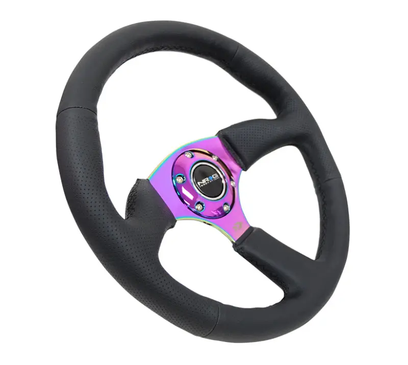 Nrg Reinforced Steering Wheel (350Mm / 2.5In. Deep) Leather Race Comfort Grip W/4Mm Neochrome Spokes 1