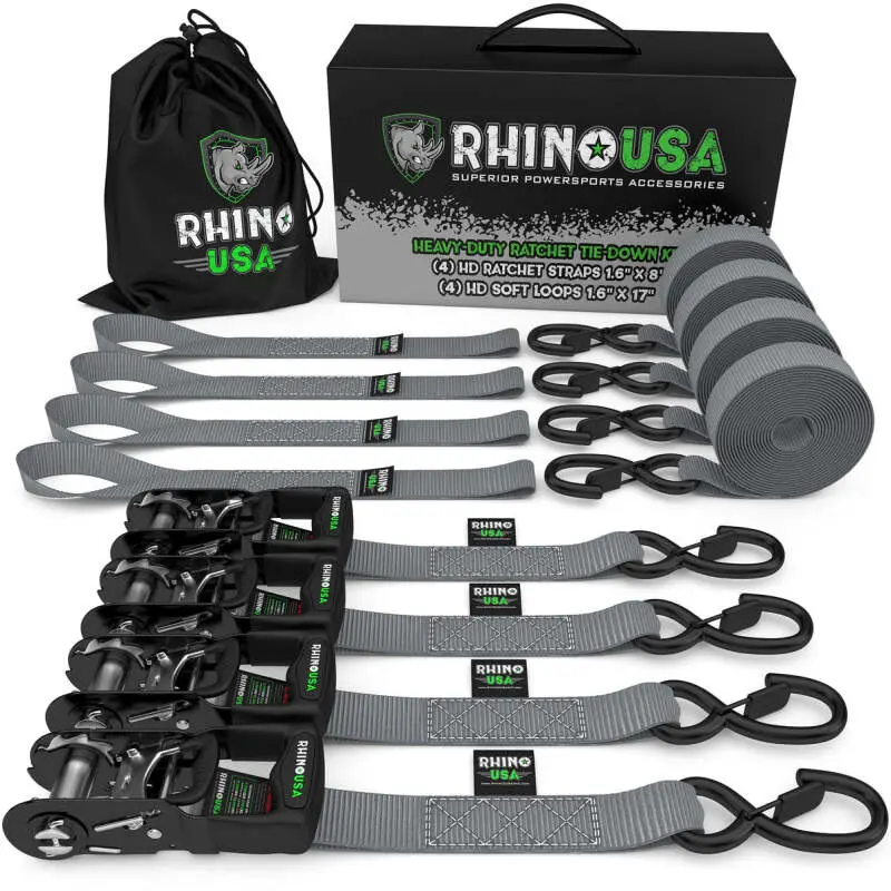 Rhino Usa Heavy Duty Ratchet Tie-Down 4-Pack (Gray) 1.6In X 8Ft 1