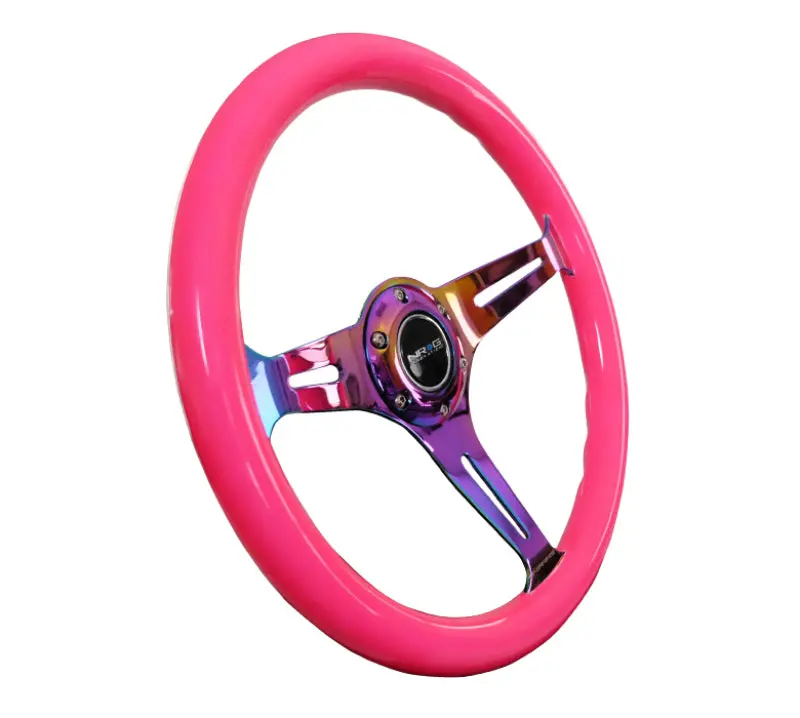 Nrg Classic Wood Grain Steering Wheel (350Mm) Neon Pink Painted Grip W/Neochrome 3-Spoke Center 2