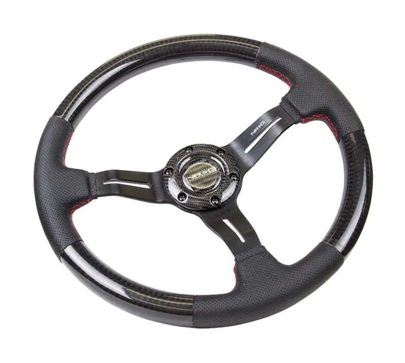 Nrg Carbon Fiber Steering Wheel (350Mm /1.5In. Deep) Leather Trim W/Red Stitch & Slit Cutout Spokes 1