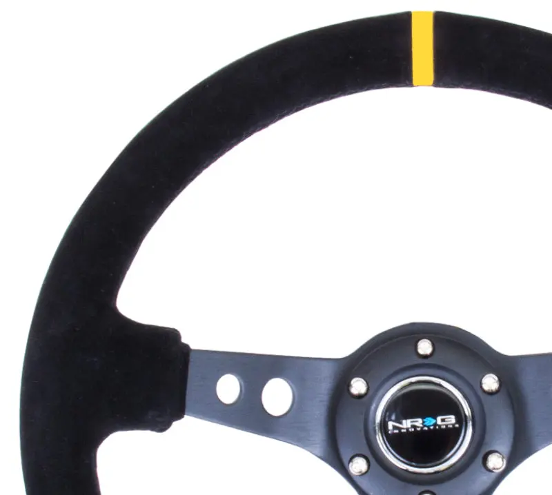 Nrg Reinforced Steering Wheel (350Mm / 3In. Deep) Blk Suede W/Circle Cut Spokes & Single Yellow Cm 1