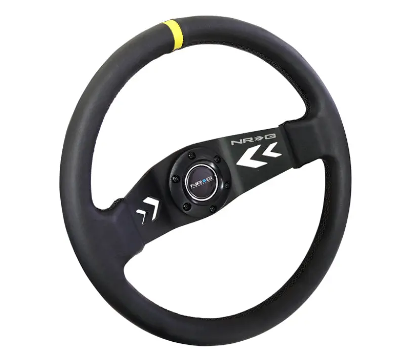 Nrg Reinforced Steering Wheel (350Mm / 3In Deep) Blk Leather W/Nrg Arrow-Cut 2-Spoke & Sgl Yellow Cm 1