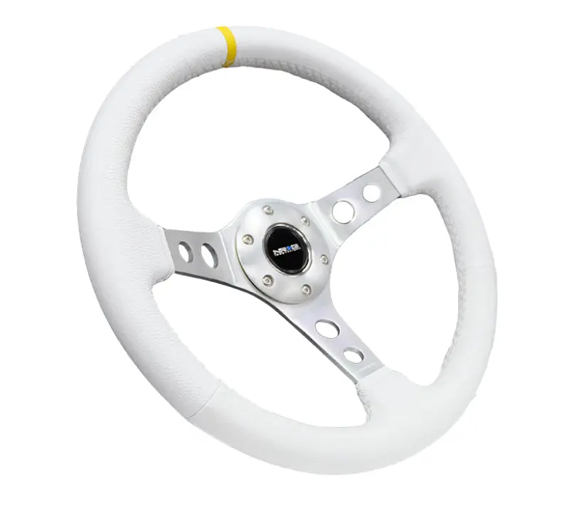 Nrg Reinforced Steering Wheel (350Mm / 3In. Deep) Wht Leather W/Silver Spoke & Single Yellow Mark 1