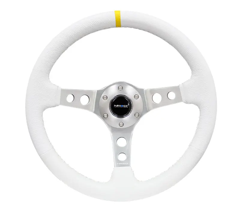 Nrg Reinforced Steering Wheel (350Mm / 3In. Deep) Wht Leather W/Silver Spoke & Single Yellow Mark 2