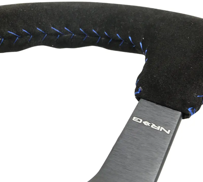 Nrg Reinforced Steering Wheel (350Mm / 3In. Deep) Blk Suede/Blue Bball Stitch W/5Mm Matte Blk Spokes 1