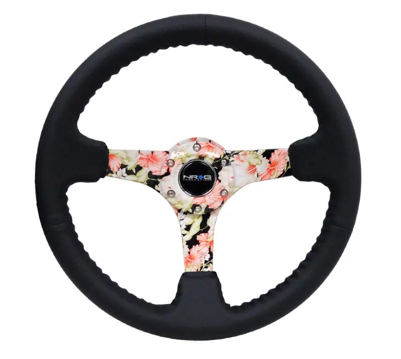 Nrg Reinforced Steering Wheel (350Mm / 3In. Deep) Blk Leather Floral Dipped W/ Blk Baseball Stitch 1