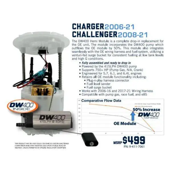 Deatschwerks 2006-2021 Dodge Charger/Challenger 06-19 Chrysler 300 (Excluding. 6.2L Hellcat) Dw400 Pump Module Drop In Pump 1