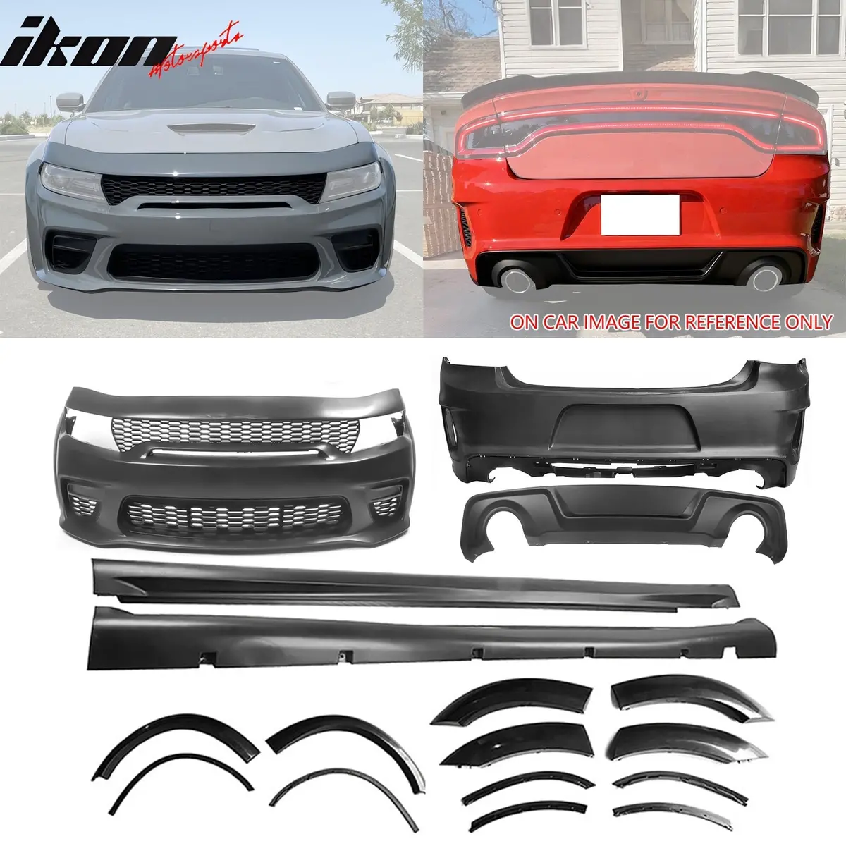 Ikon Motorsports 15-23 Dodge Charger Wide Body Front & Rear Bumper Cover W/ Fender Flare/Diffuser 1