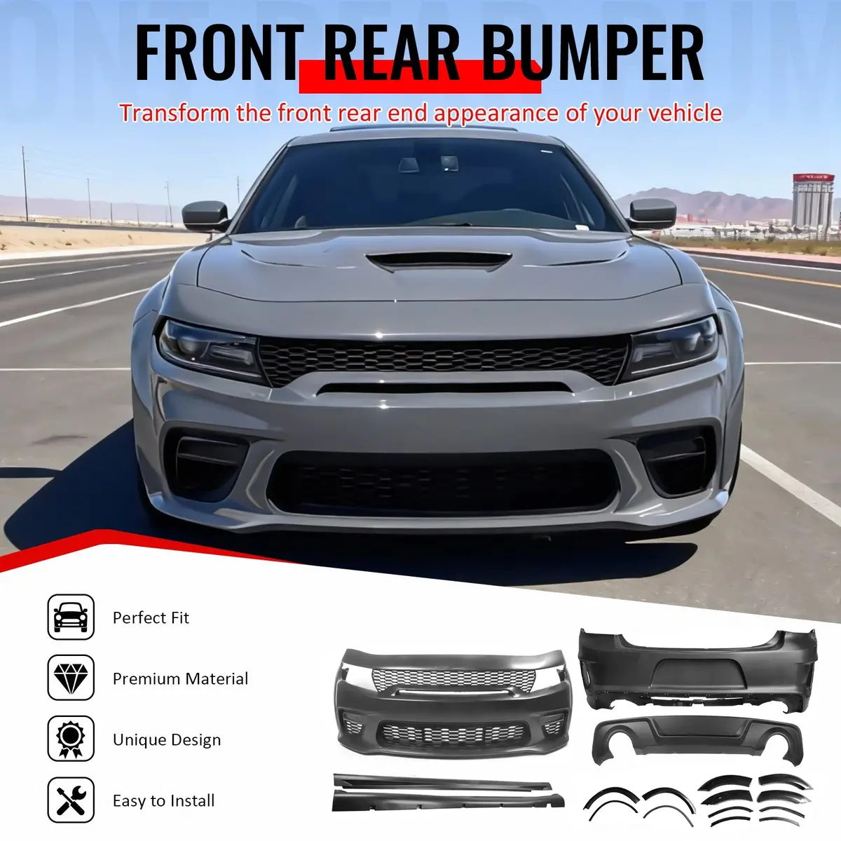 Ikon Motorsports 15-23 Dodge Charger Wide Body Front & Rear Bumper Cover W/ Fender Flare/Diffuser 2
