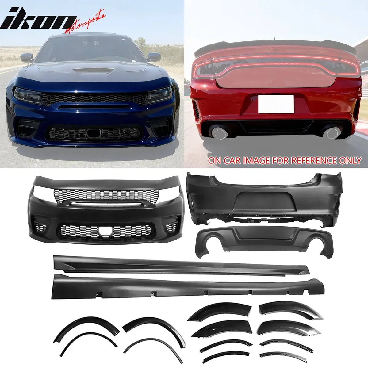 Ikon Motorsports 15-23 Dodge Charger Wide Body Front + Rear Bumper Cover + Fender Flare +Diffuser 1