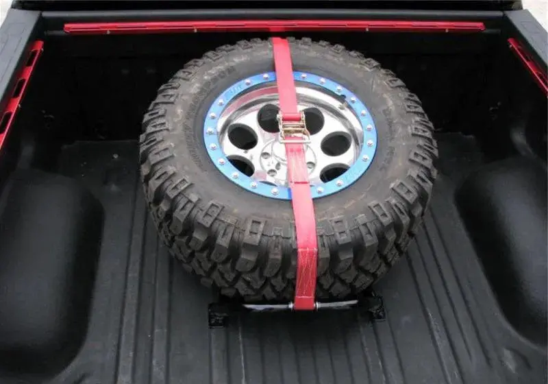 N-Fab Bed Mounted Tire Carrier Universal - Gloss Black - Red Strap 1