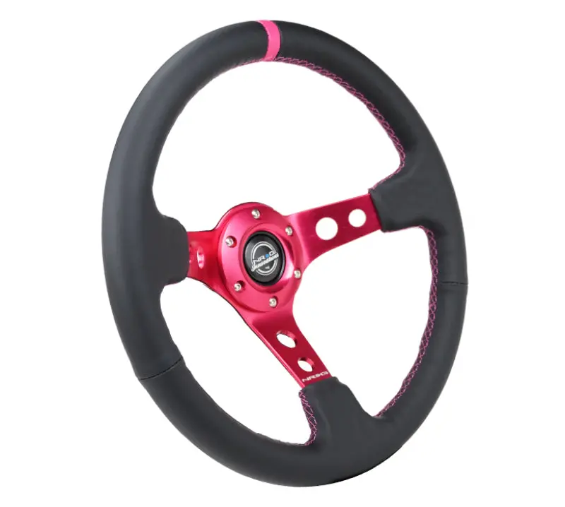 Nrg Reinforced Steering Wheel (350Mm/3In. Deep) Black Leather/ Fushia Center Mark/ Fushia Stitching 1