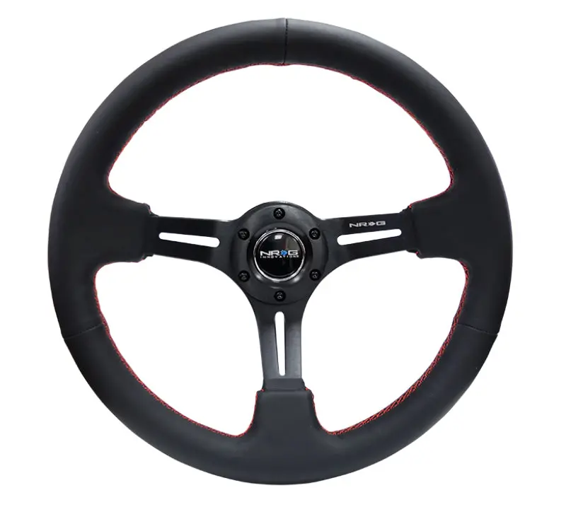 Nrg Reinforced Steering Wheel (350Mm / 3In. Deep) Black Leather/Red Stitch & Blk 3-Spoke W/Slits 1
