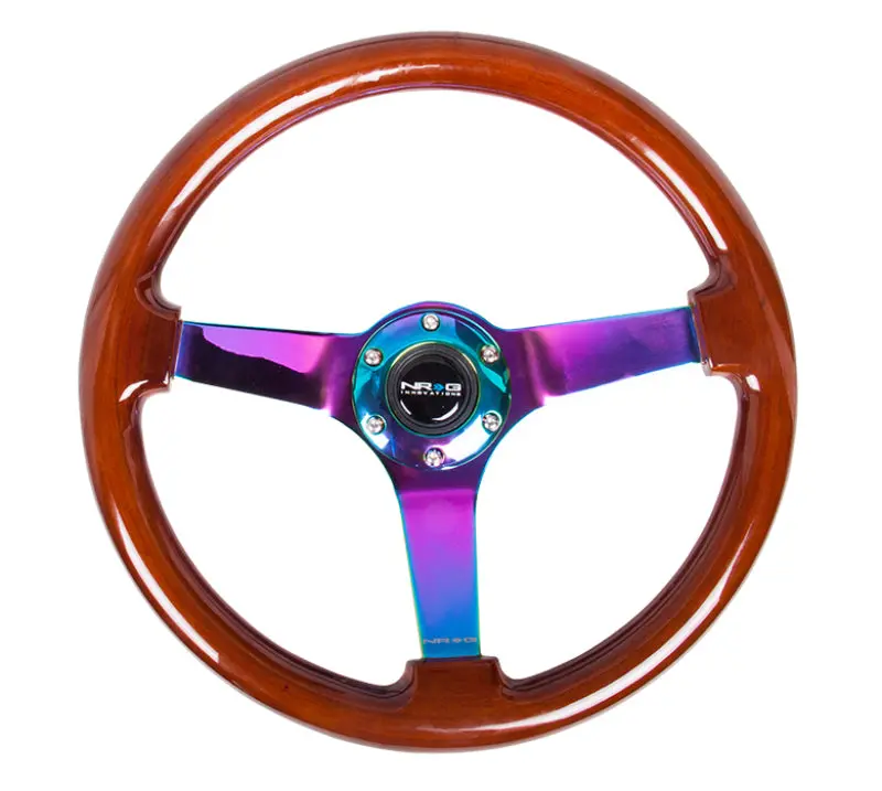 Nrg Reinforced Steering Wheel (350Mm / 3In. Deep) Classic Dark Wood W/4Mm Neochrome Solid 3-Spoke 1