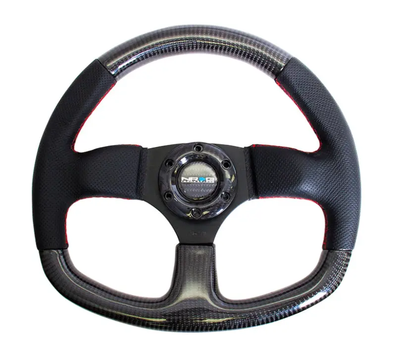 Nrg Carbon Fiber Steering Wheel (320Mm) Flat Bottom & Leather Trim W/Red Stitching 1