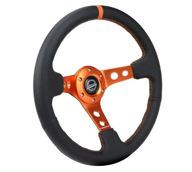 Nrg Reinforce Steering Wheel (350Mm / 3In. Deep) Blk Leather, Orange Center Mark W/ Orange Stitching 1