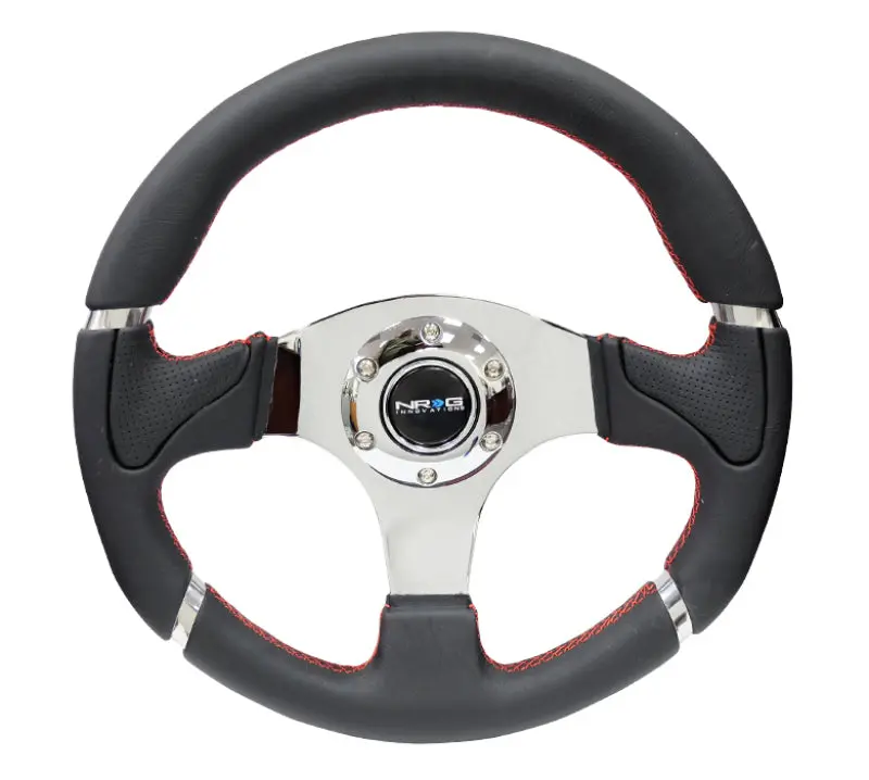 Nrg Reinforced Steering Wheel (320Mm) Blk Leather/Red Stitching W/Chrome 3-Spoke Center 1