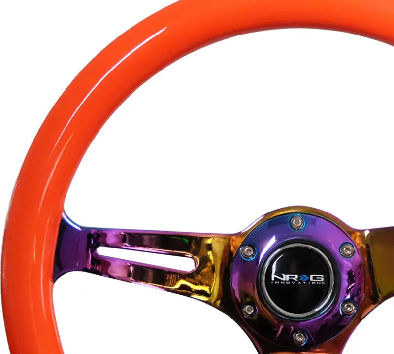 Nrg Classic Wood Grain Steering Wheel (350Mm) Neon Orange Color W/Neochrome Spokes 1