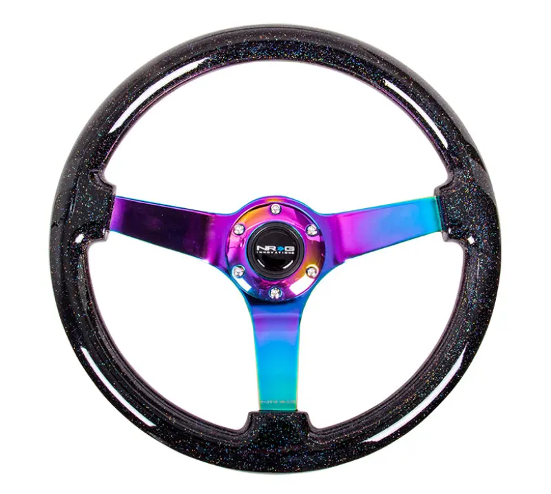 Nrg Reinforced Steering Wheel (350Mm / 3In. Deep) Classic Blk Sparkle W/4Mm Neochrome 3-Spoke Center 2