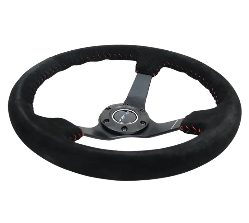 Nrg Reinforced Steering Wheel (350Mm / 3In. Deep) Blk Suede/Red Bball Stitch W/5Mm Matte Blk Spokes 2