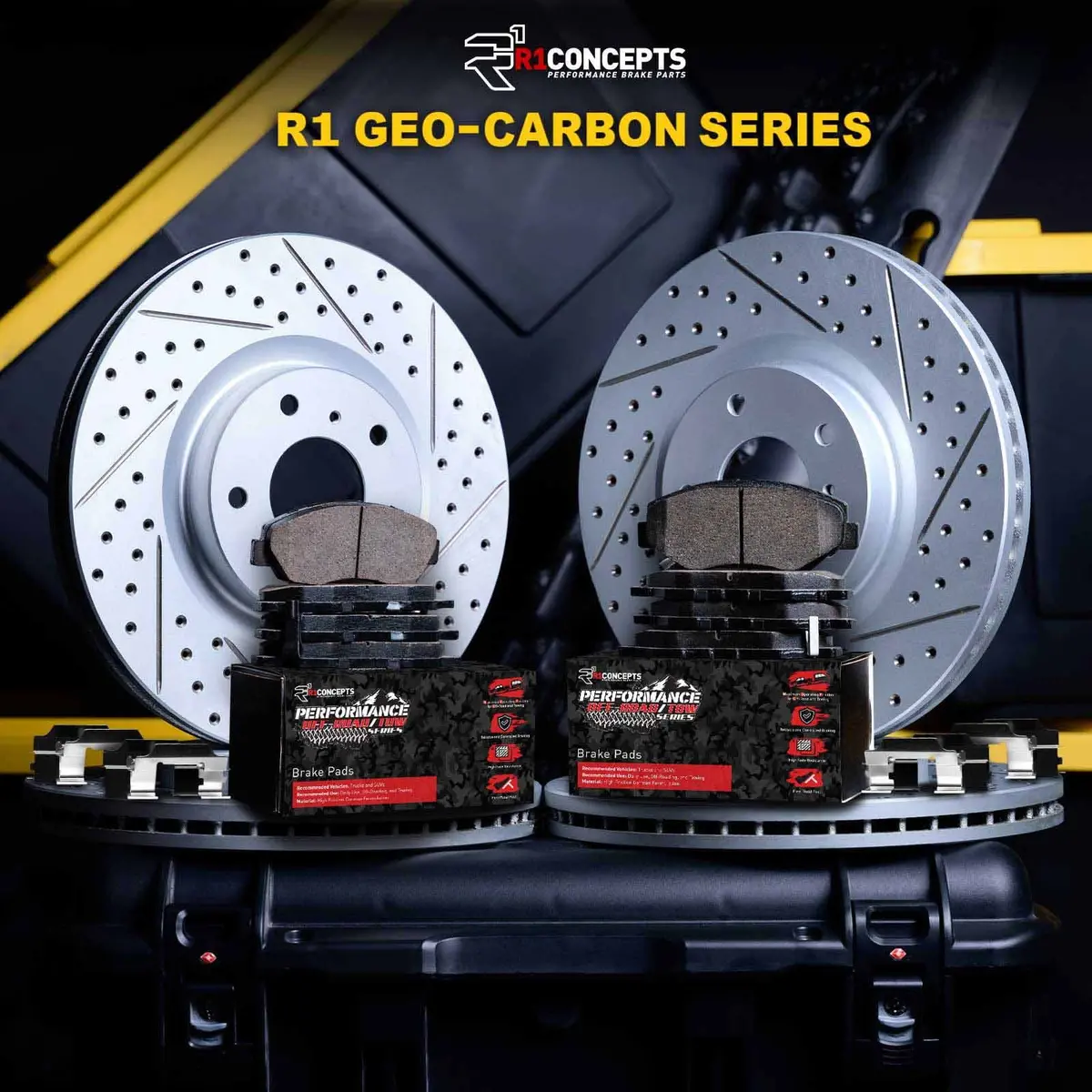 R1 Concepts 19-26 Ram 1500, Rho & Trx Front & Rear Drilled/Slotted Carbon Coated Rotor Set W/ Tow Pads 1
