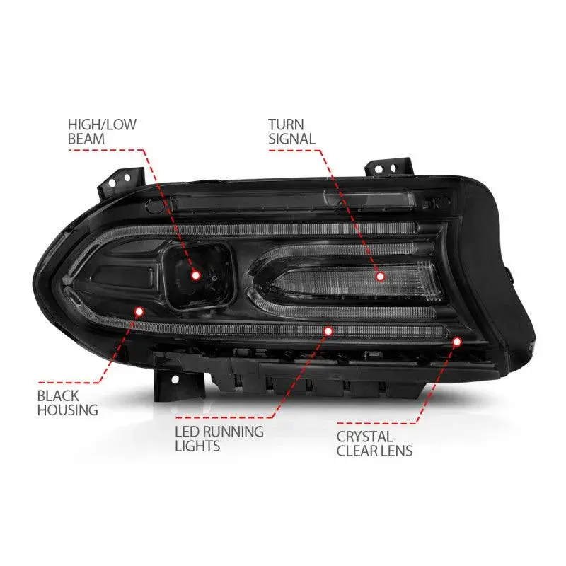 Anzo 2015-2018 Dodge Charger Projector Headlights Plank Style Black 2