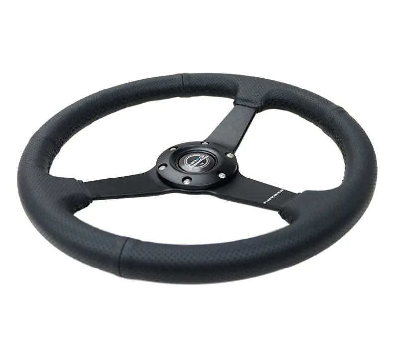 Nrg Sport Steering Wheel (350Mm / 1.5In Deep) Black Leather Black Stitch W/Matte Black Solid Spokes 2