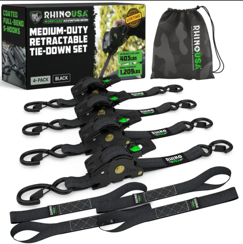 Rhino Usa Retractable Ratchet Straps (2Pk 1Inx10ft) Black 1