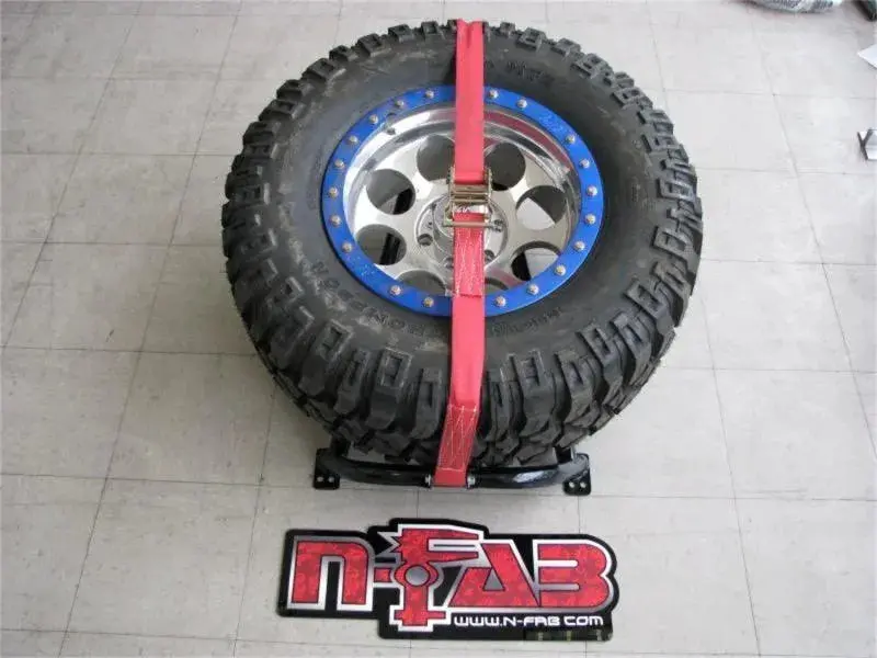 N-Fab Bed Mounted Tire Carrier Universal - Gloss Black - Red Strap 2
