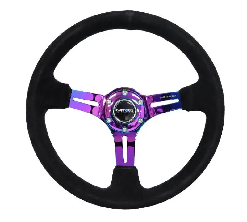 Nrg Reinforced Steering Wheel (350Mm / 3In. Deep) Blk Suede/Red Stitch W/Neochrome Slits 1