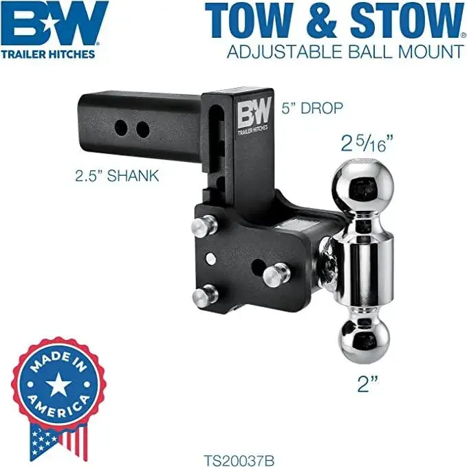 B&W Trailer Hitches Tow & Stow Adjustable Trailer Hitch Ball Mount - Fits 2.5" Receiver, Dual Ball (2" X 2-5/16"), 5" Drop, 14,500 Gtw - Ts20037b 1