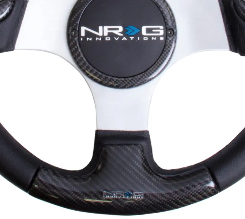 Nrg Carbon Fiber Steering Wheel (350Mm) Silver Frame Blk Stitching W/Rubber Cover Horn Button 1