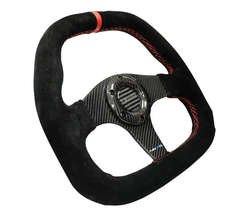 Nrg Carbon Fiber Steering Wheel (320Mm) Flat Btm. Blk Suede/Red Stitch W/Cf Spokes & Red Center Mark 2