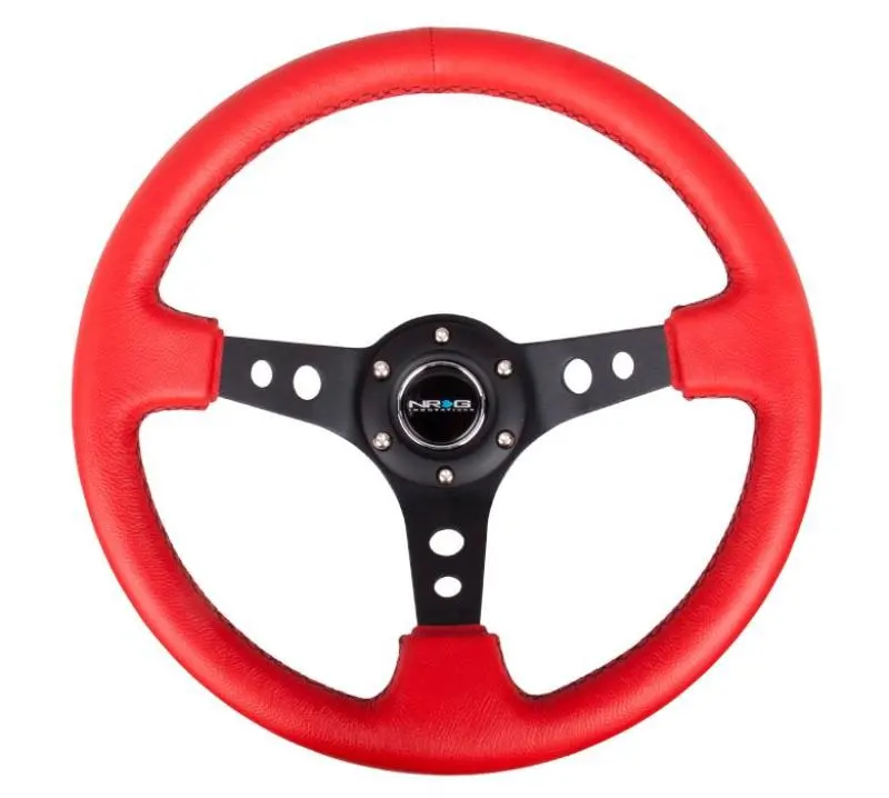 Nrg Reinforced Steering Wheel (350Mm / 3In. Deep) Red Leather/Blk Stitch W/Blk Circle Cutout Spokes 1