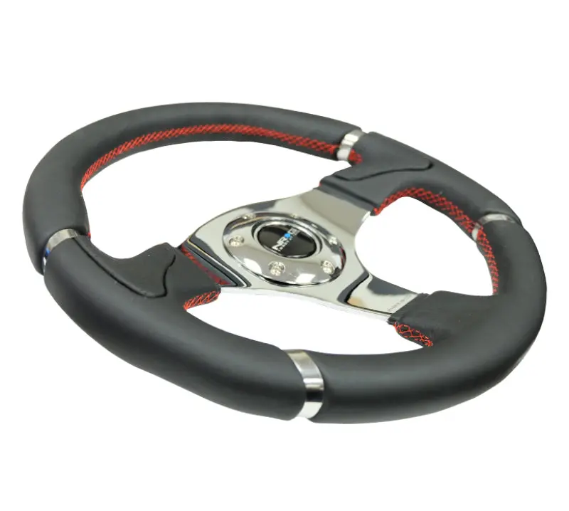 Nrg Reinforced Steering Wheel (320Mm) Blk Leather/Red Stitching W/Chrome 3-Spoke Center 2