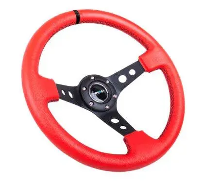 Nrg Reinforced Steering Wheel (350Mm / 3In. Deep) Red Suede W/Blk Circle Cutout Spokes 1
