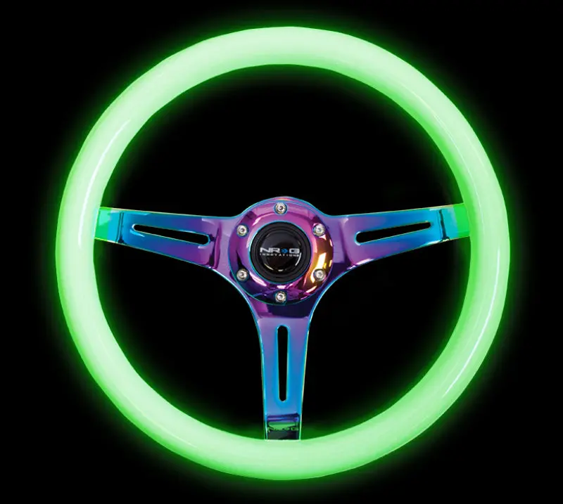 Nrg Classic Wood Grain Steering Wheel (350Mm) Glow-N-The-Dark Green Grip W/Neochrome 3-Spoke Center 2