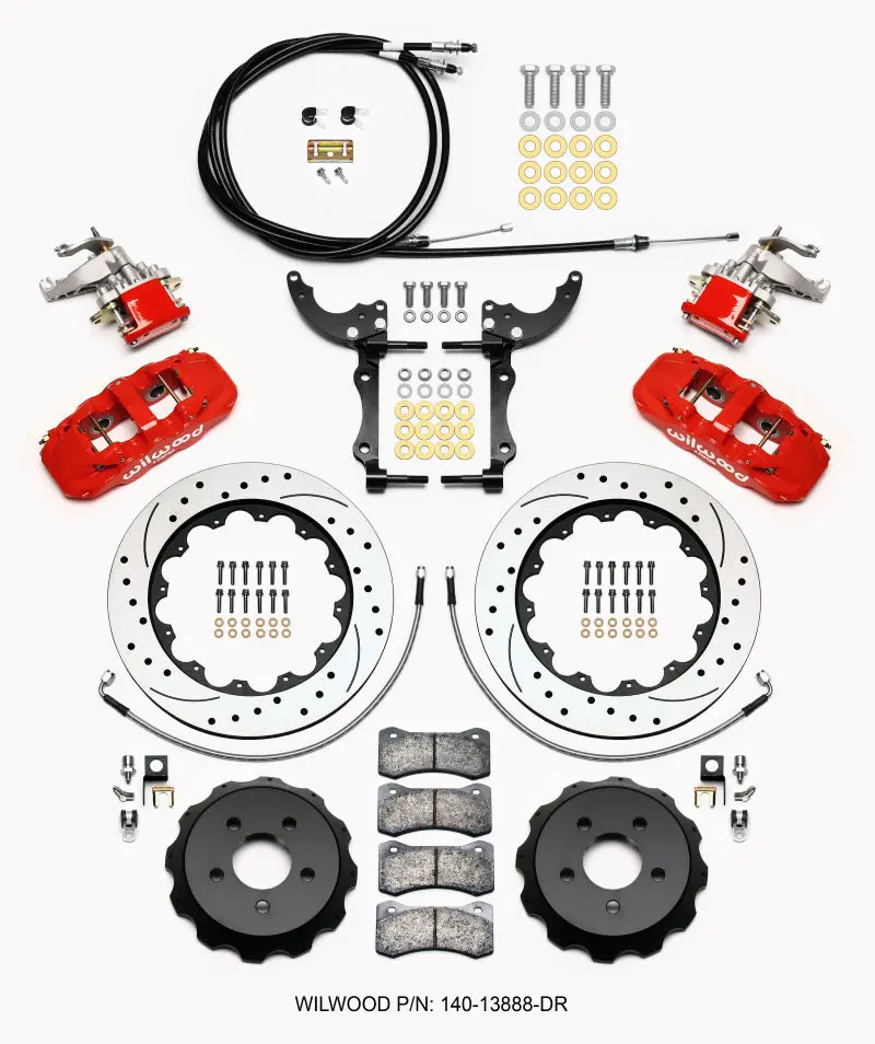 Wilwood Aero4 / Mc4 Rear Kit 14.00 Drilled Red 15-23 Mustang W/Lines & Cables 1