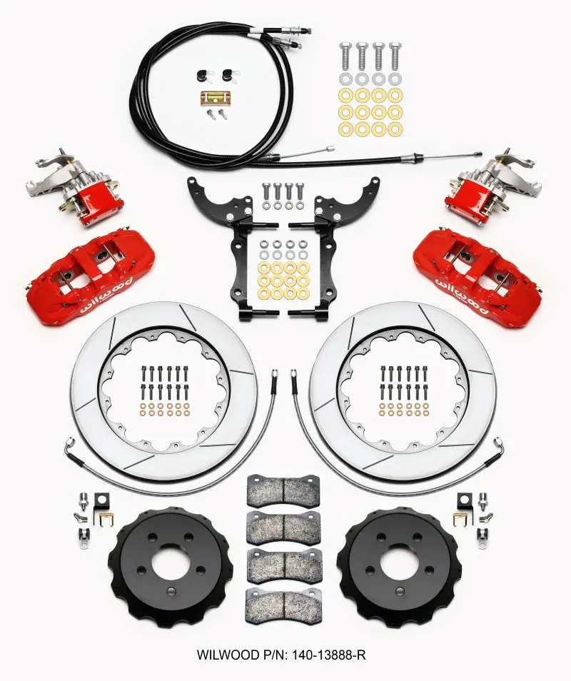 Wilwood Aero4 / Mc4 Rear Kit 14.00 Red 15-23 Mustang W/Lines & Cables 1