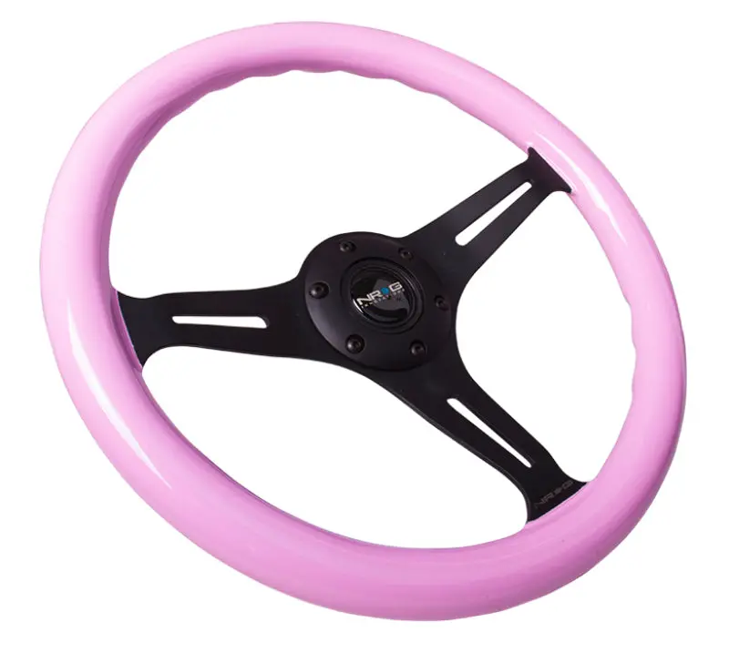 Nrg Classic Wood Grain Steering Wheel (350Mm) Solid Pink Painted Grip W/Black 3-Spoke Center 1