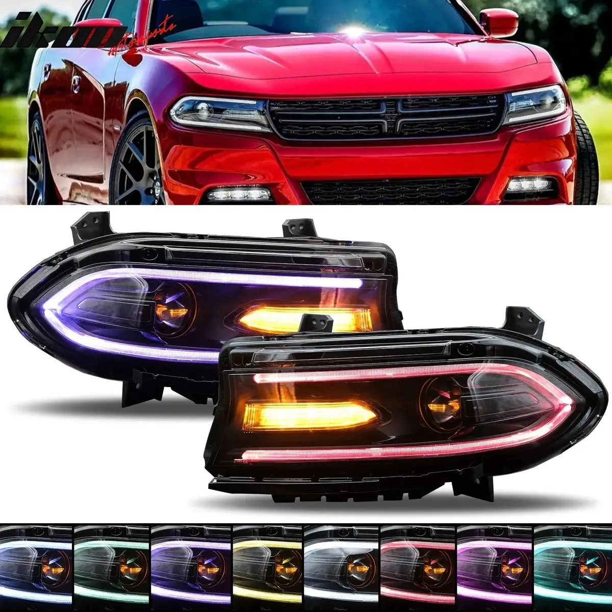 Ikon Motorsports 2015-2023 Dodge Charger Drl Led Headlights Left Right Side W/ 7 Colors 1