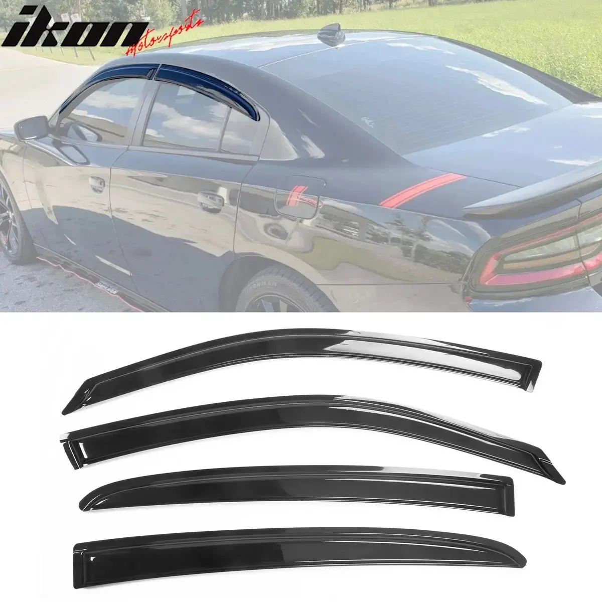 Ikon Motorsports 2011-2023 Dodge Charger Slim Smoke Tape On 4Pcs Window Visors Acrylic 2