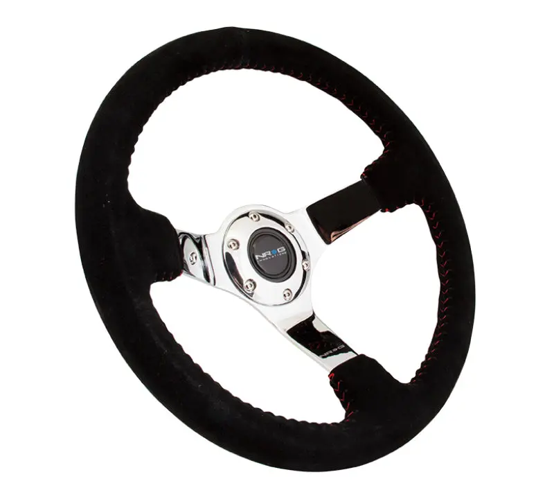 Nrg Reinforced Steering Wheel (350Mm / 3In. Deep) Blk Suede W/Red Bball Stitch & Chrome 3-Spoke 1