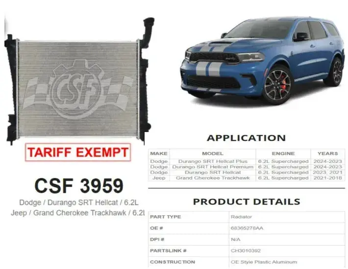 Csf 18-21 Jeep Grand Cherokee Trackhawk / 2021+ Dodge Durango Srt Hellcat Oe Replacement Radiator 1