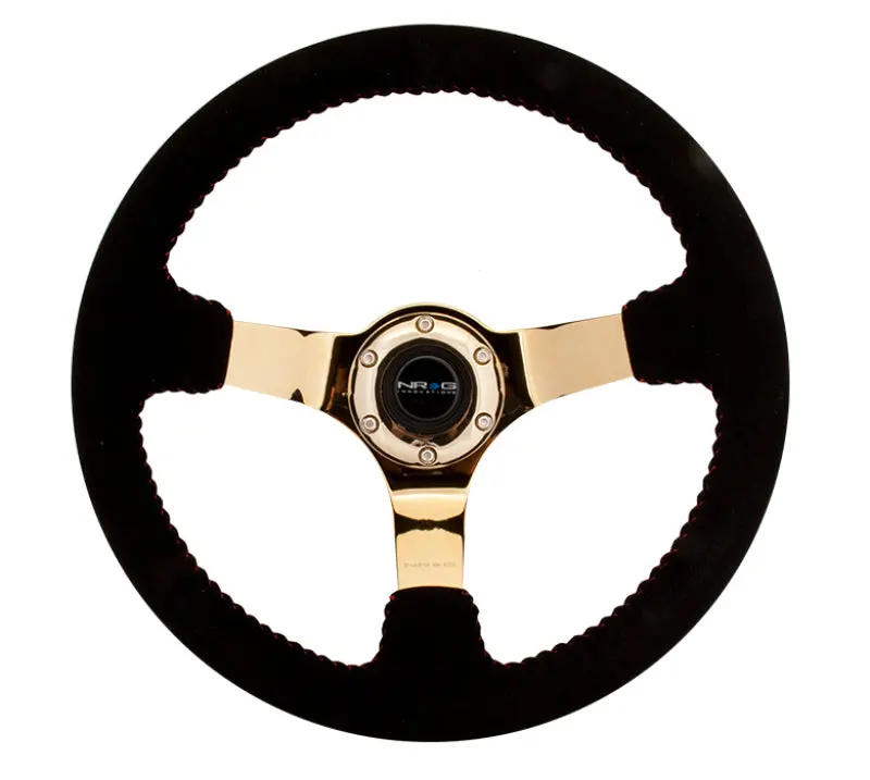 Nrg Reinforced Steering Wheel (350Mm / 3In. Deep) Blk Suede W/Red Bball Stitch & Chrome Gold 3-Spoke 2