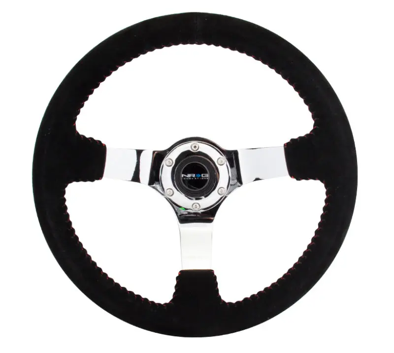 Nrg Reinforced Steering Wheel (350Mm / 3In. Deep) Blk Suede W/Red Bball Stitch & Chrome 3-Spoke 2