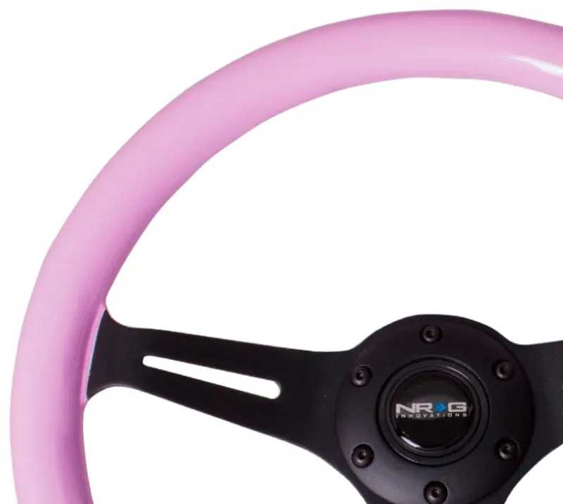 Nrg Classic Wood Grain Steering Wheel (350Mm) Solid Pink Painted Grip W/Black 3-Spoke Center 2